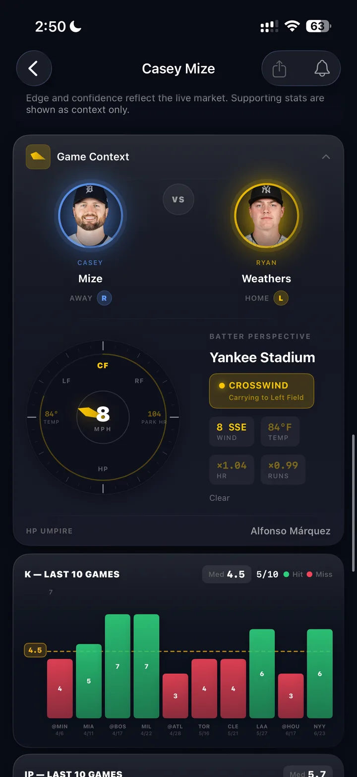 PropSight game context screen with weather and matchup signals