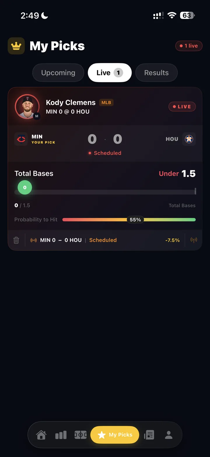 PropSight live picks screen
